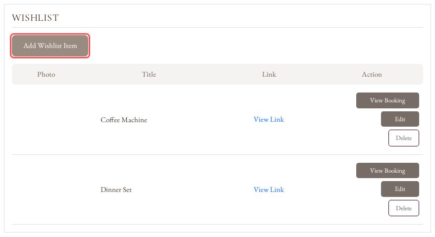 Click Add Wishlist Item